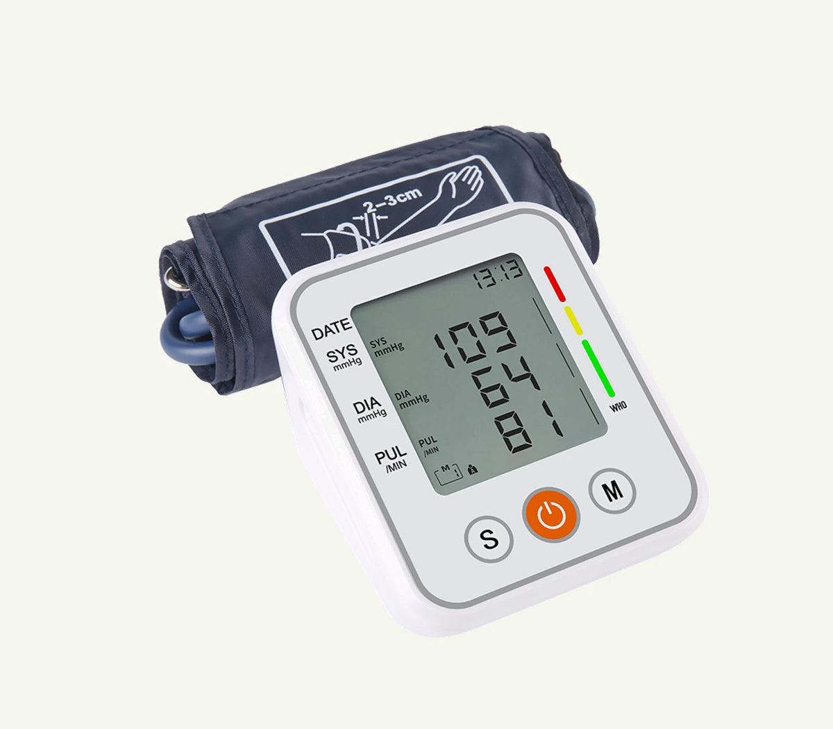 KWL-B01 monitor and upper-arm cuff, three-quarter view with white housing and gray display surround.