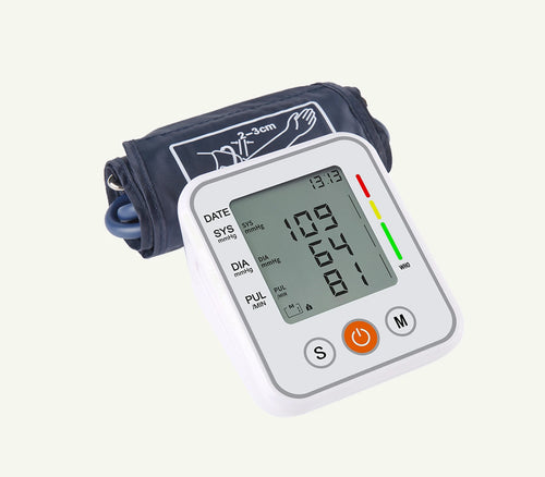 KWL-B01 monitor and upper-arm cuff, three-quarter view with white housing and gray display surround.