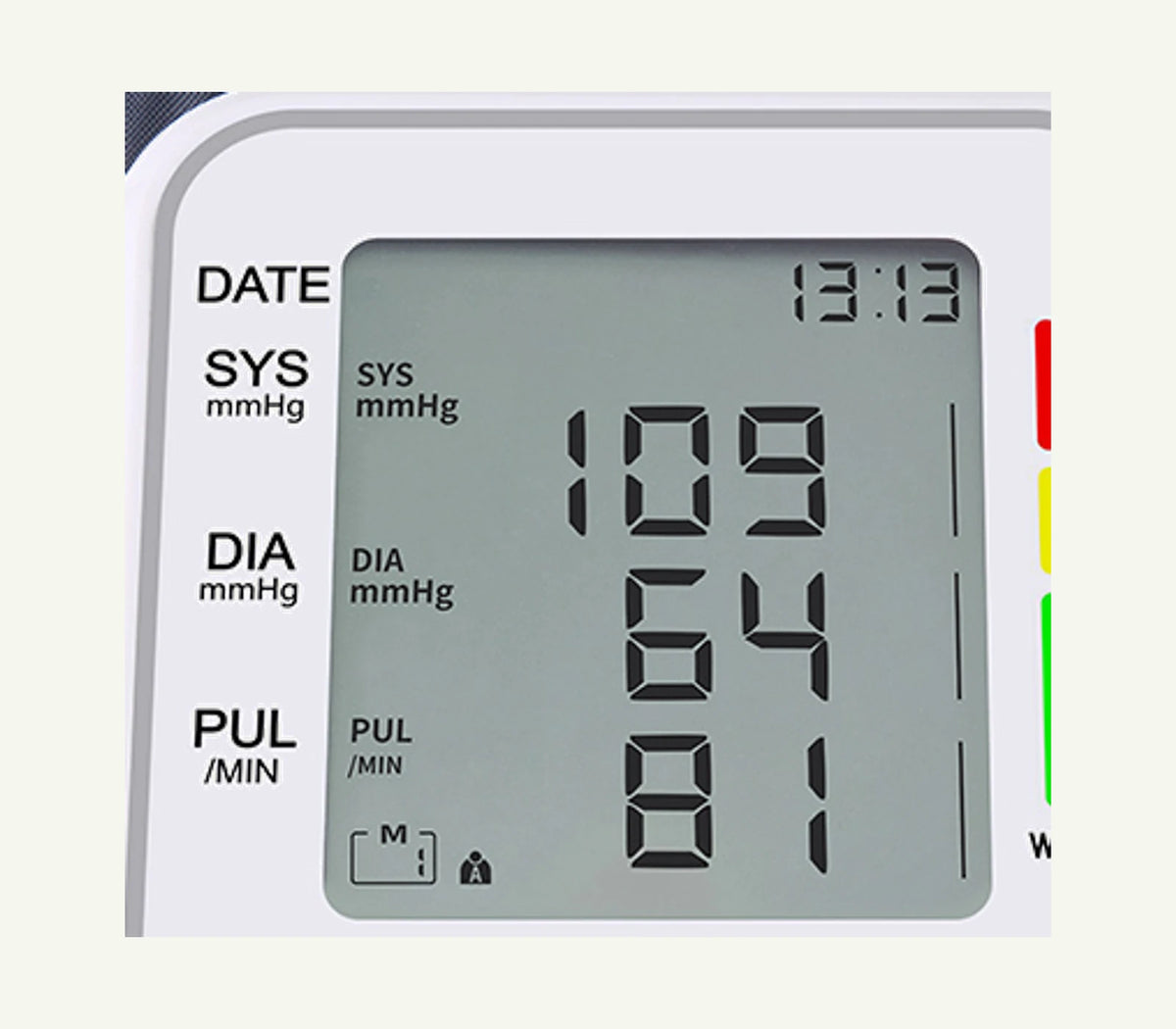 KWL-B01 LCD close-up showing SYS, DIA and PUL labels, date and time; readings are illustrative.
