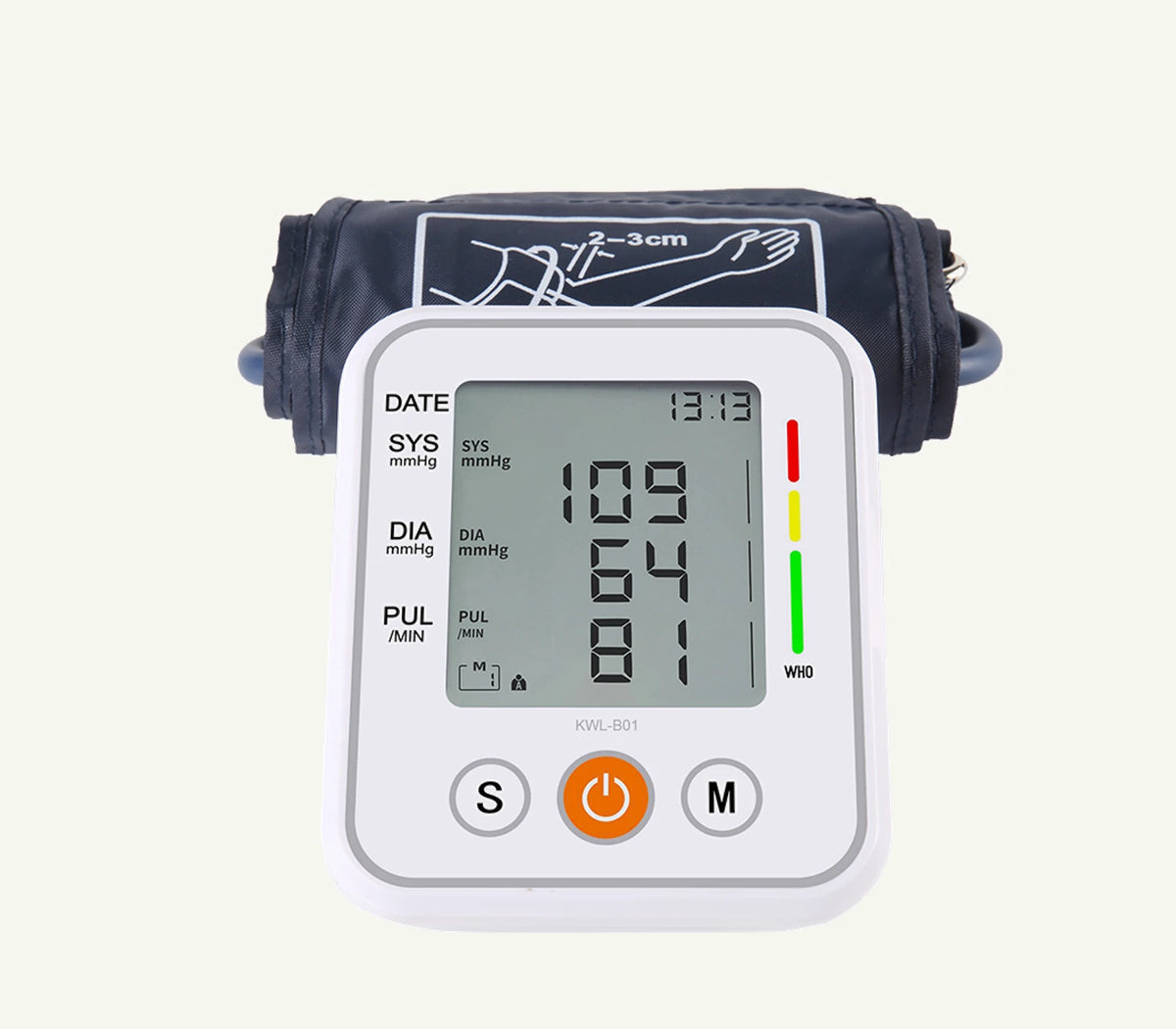 KWL-B01 upper-arm blood pressure monitor with orange Start button and included cuff.